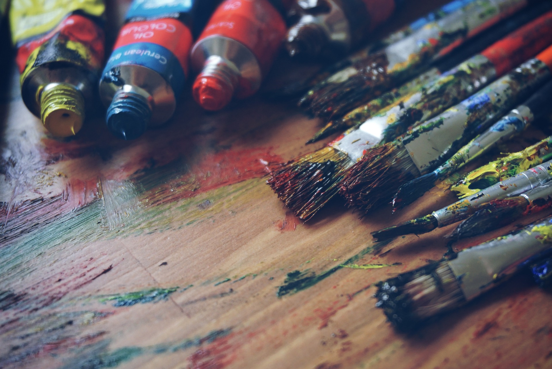 Oil paints and brushes for artist